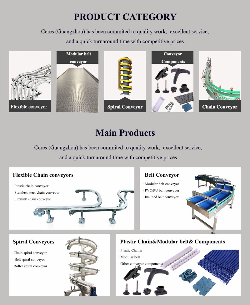 Manufacturer Flexible Plastic Modular Curve Chain Conveyor System Design for Beverage Bottles, Cans, Tissue Industry